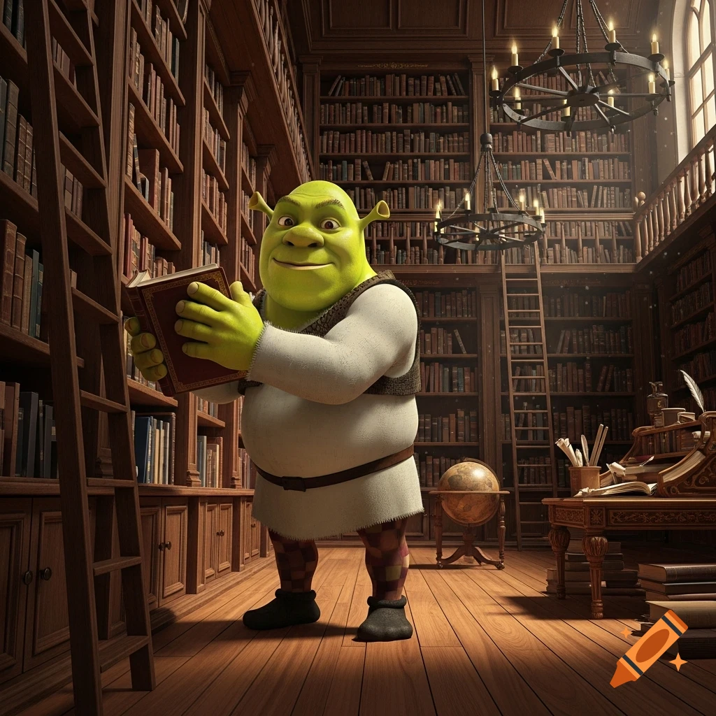 Shrek stands in a grand, wooden library, holding and reading a book. Tall bookshelves line the walls, and chandeliers hang from the ceiling.