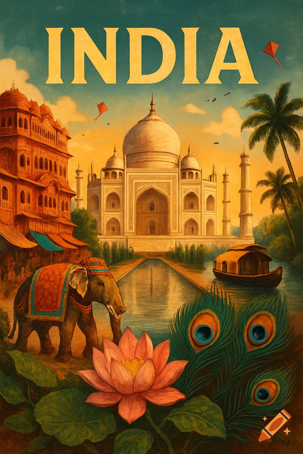 Vintage travel poster with 'INDIA' text, Taj Mahal, an elephant, lotus, and peacock feathers.