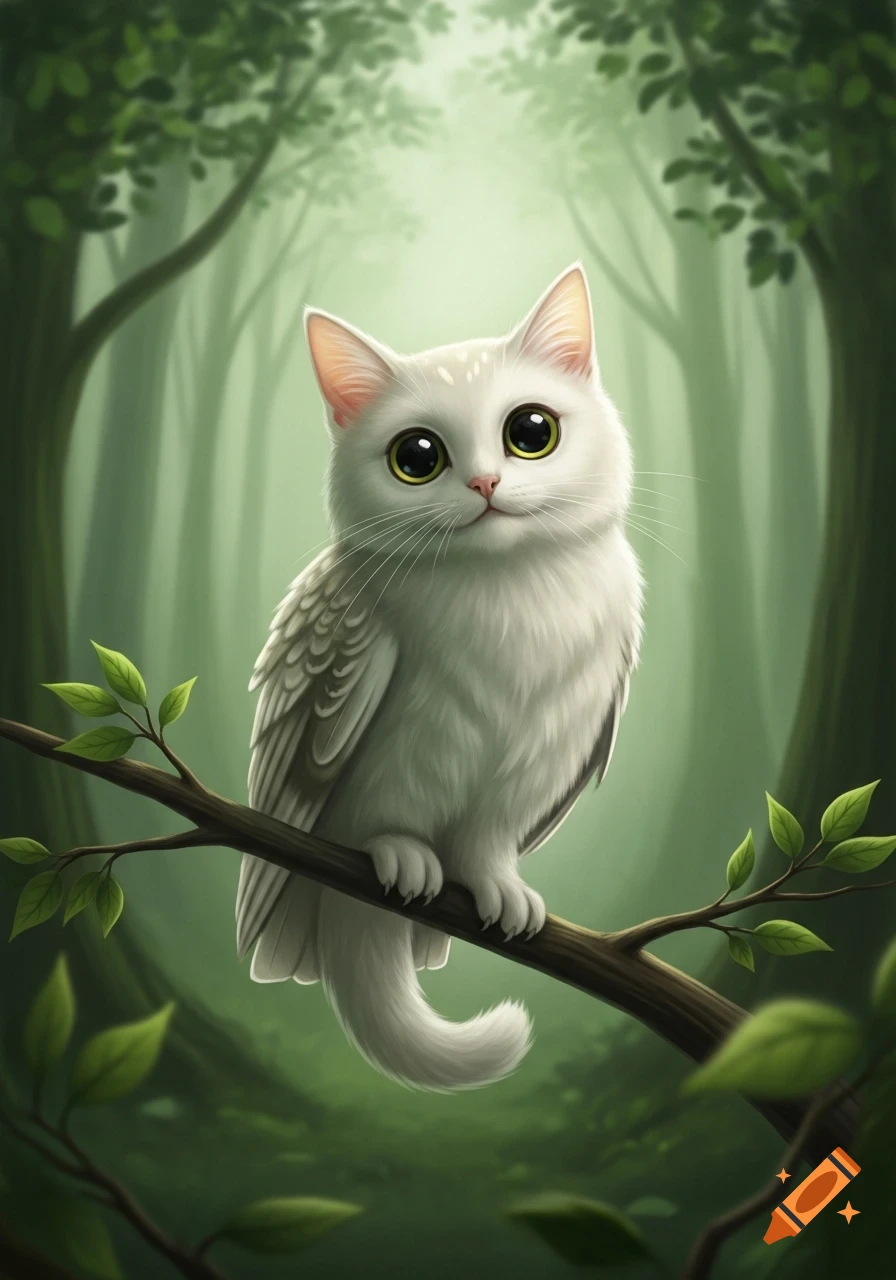 A cute white cat-owl with large green eyes sits on a branch in a magical, blurred green forest, looking curious.