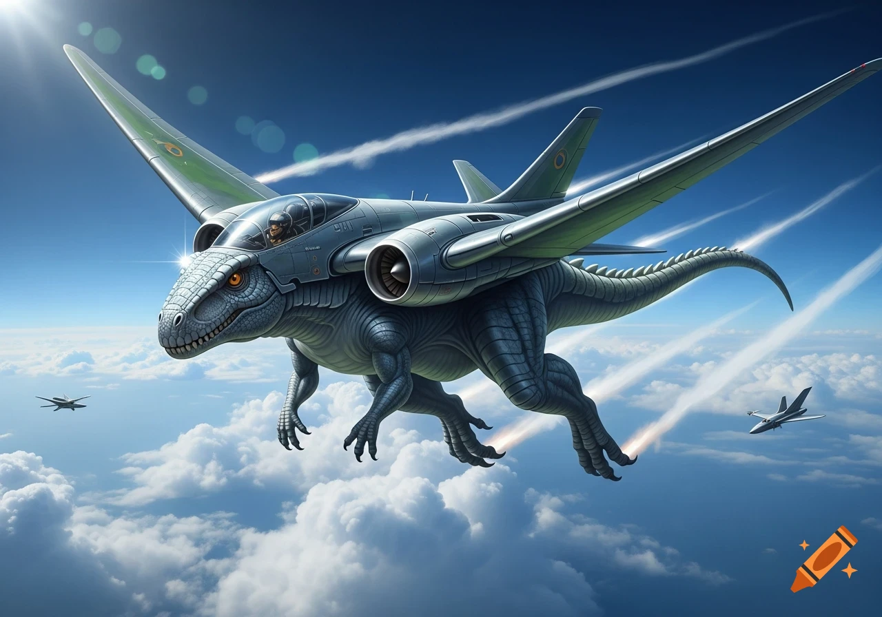 A grey reptilian dinosaur with a jet plane fused to its back, piloted by a human, soars above clouds.