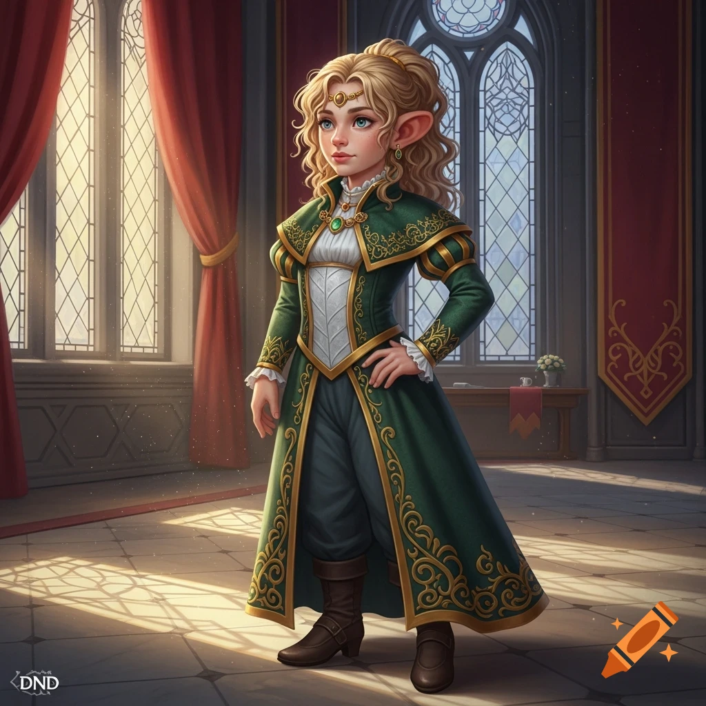 A young female halfling noble with long blonde curly hair in a green and gold overcoat stands in a grand hall with large windows. Fantasy art style.