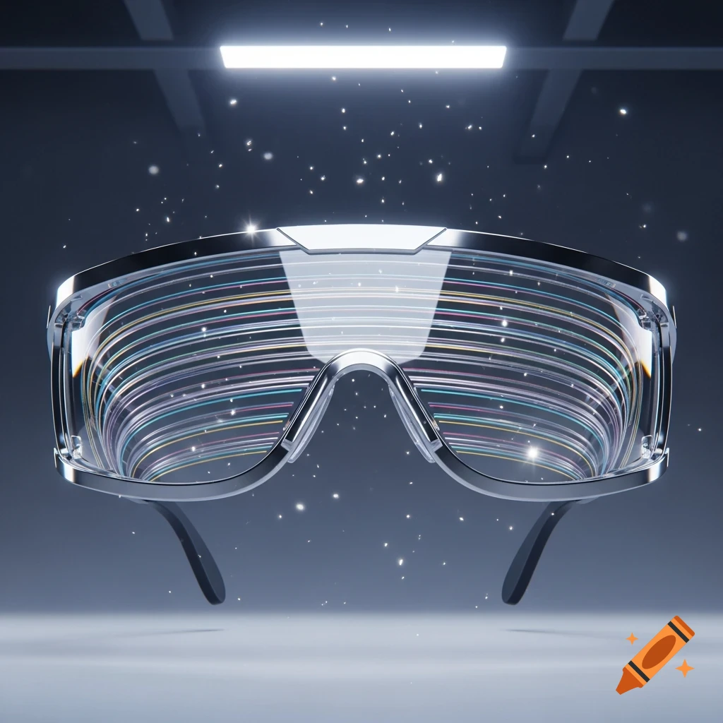Sleek, futuristic silver goggles with clear lenses displaying colorful horizontal light streaks, suspended in a dark, sparkling environment.