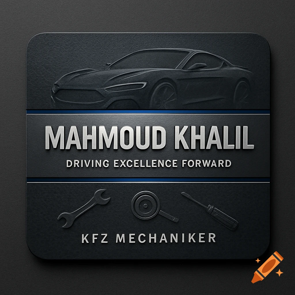 A dark grey and blue business card with a debossed car, the name Mahmoud Khalil, slogan 'Driving Excellence Forward', and mechanic tools.