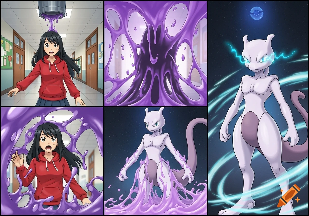 Six-panel anime comic of a teenage girl in a school hallway getting covered in purple goo and transforming into Mewtwo.