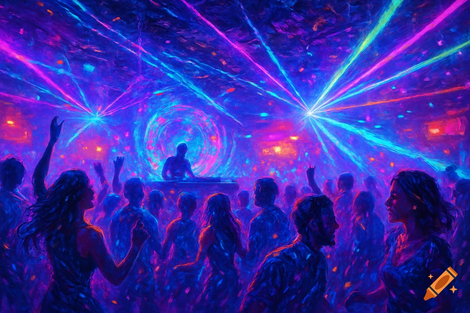 Vibrant, stylized painting of a nightclub with a DJ and dancing crowd under blue and purple laser lights.