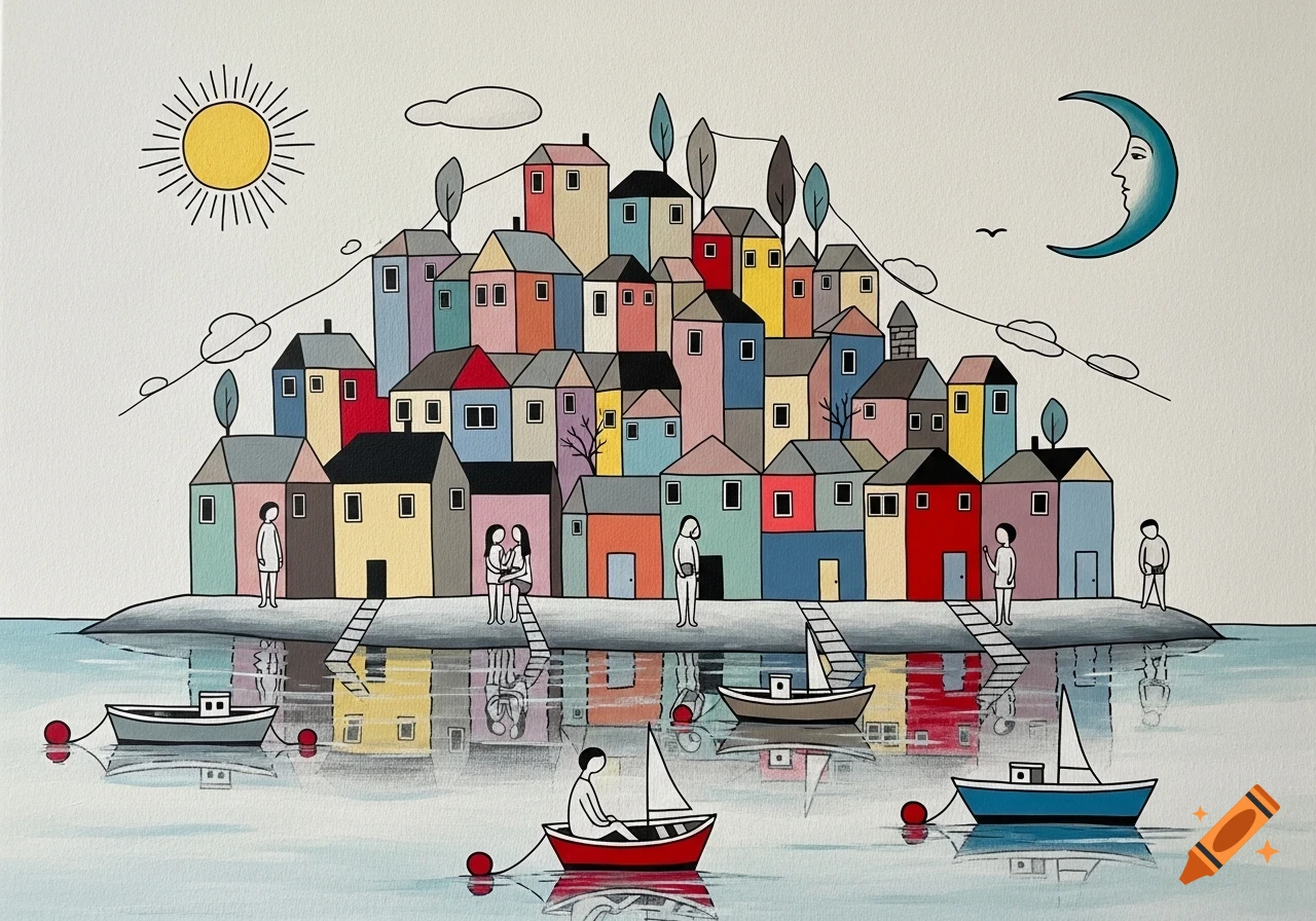 Acrylic painting in naive art style of a colorful abstract coastal village on a hill, with boats on calm water, and a symbolic sun and moon in the sky.