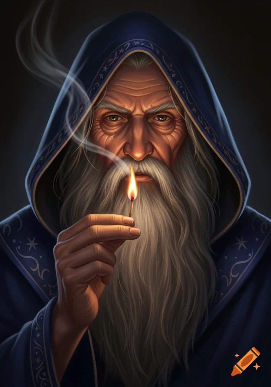 A digital painting of an old wizard with a long white beard and hooded robe, holding a lit match that illuminates his face.