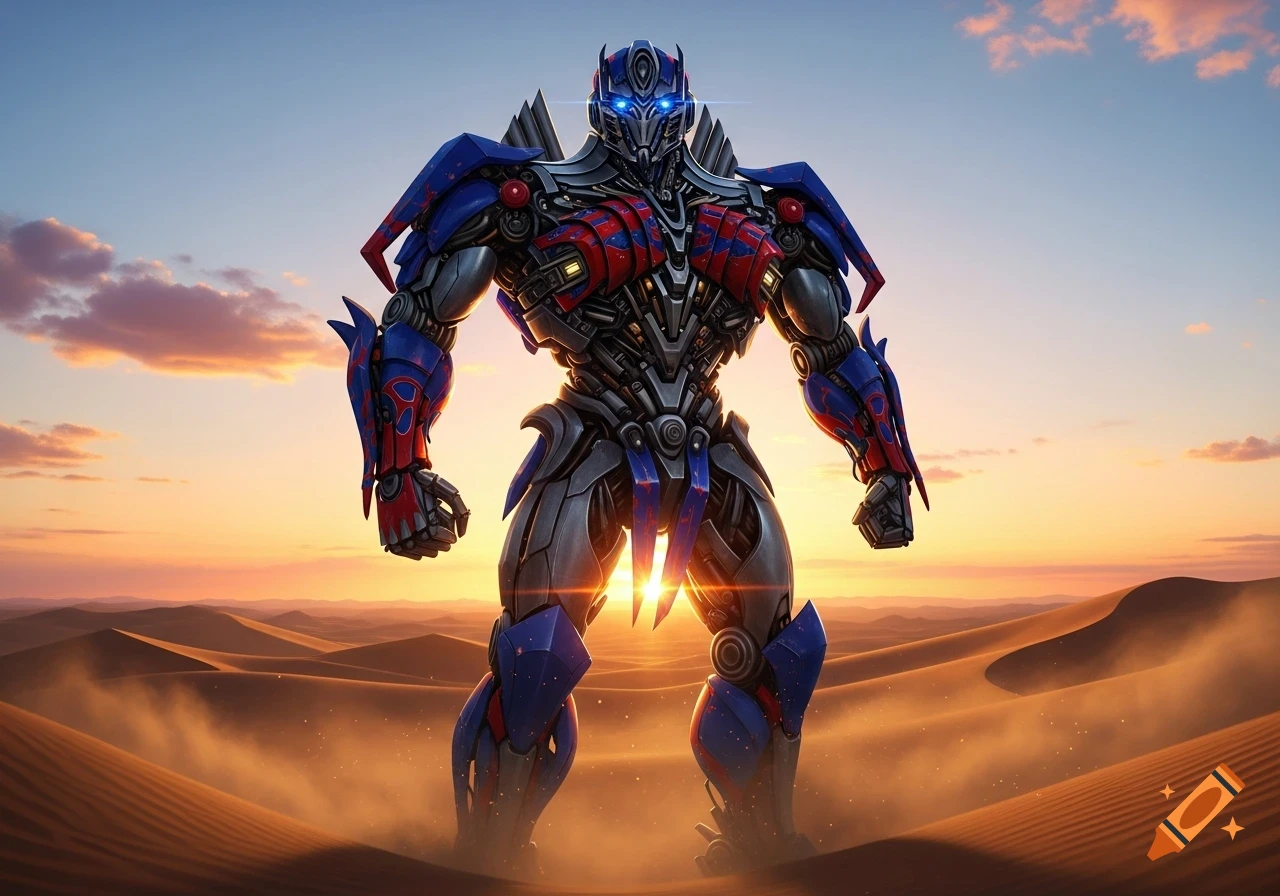 Optimus Prime, a red and blue robot, stands heroically in a vast desert landscape at sunset.