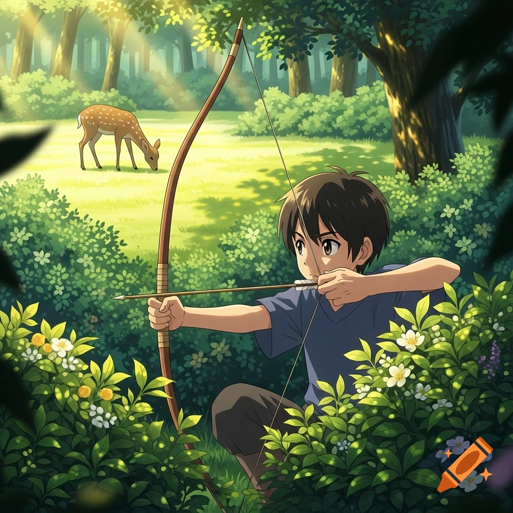 Anime boy with a bow hides behind shrubs, aiming at a grazing deer in a sunny forest clearing.