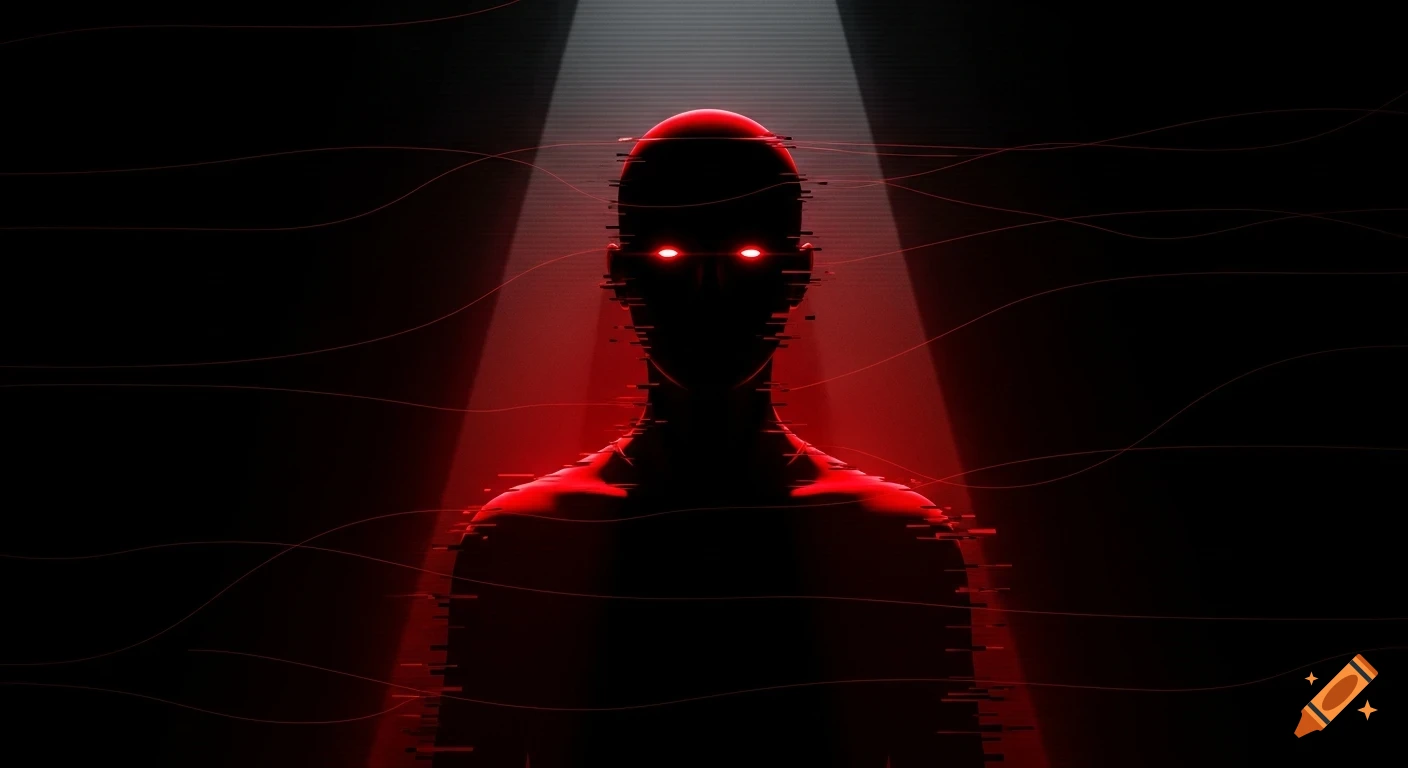 Abstract digital art of a dark human silhouette with glowing red eyes, glitch effects, and red highlights under a spotlight.