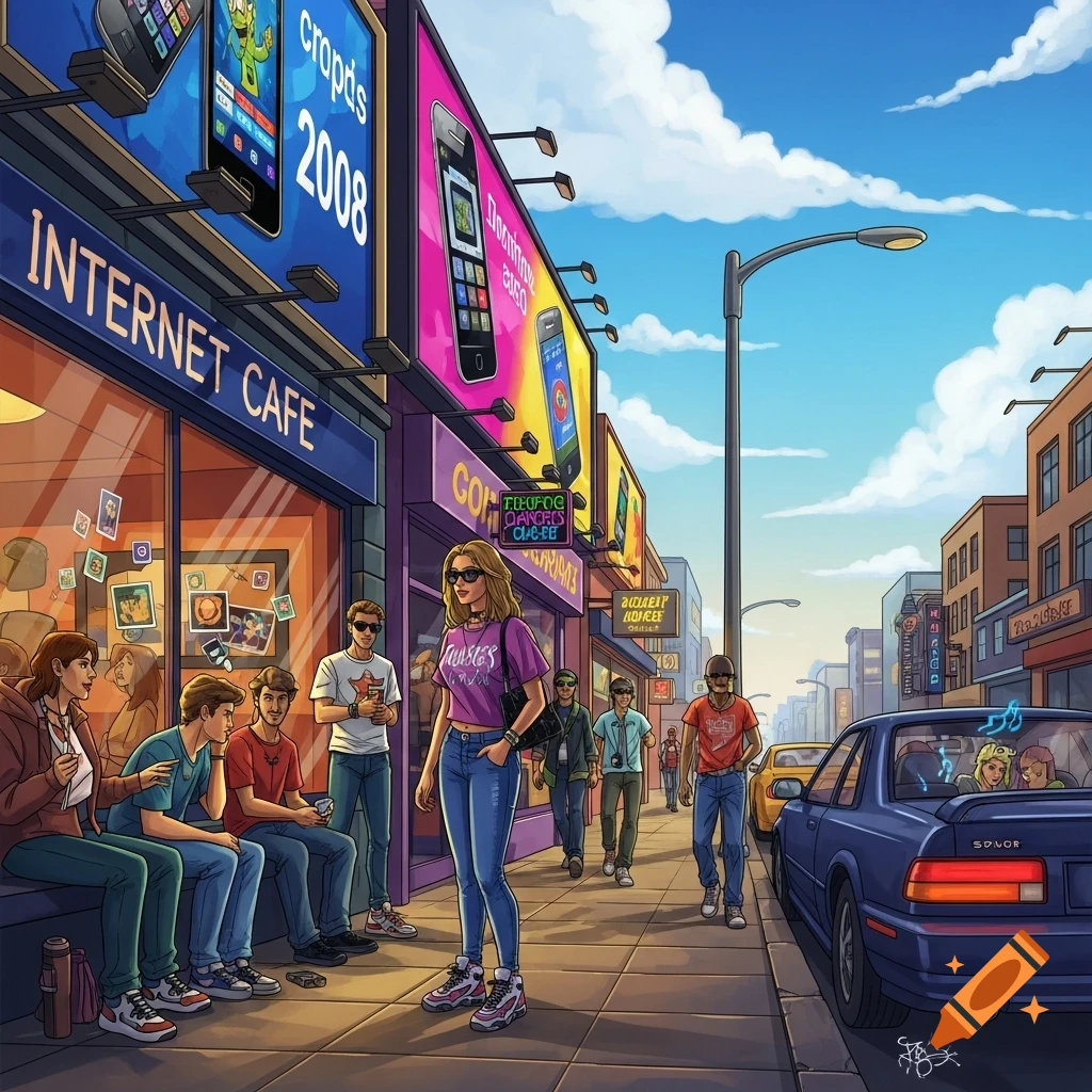 An illustration of a vibrant 2000s street scene with an "Internet Cafe" and a woman in the foreground. People are casually gathered on the sidewalk with cars driving by.