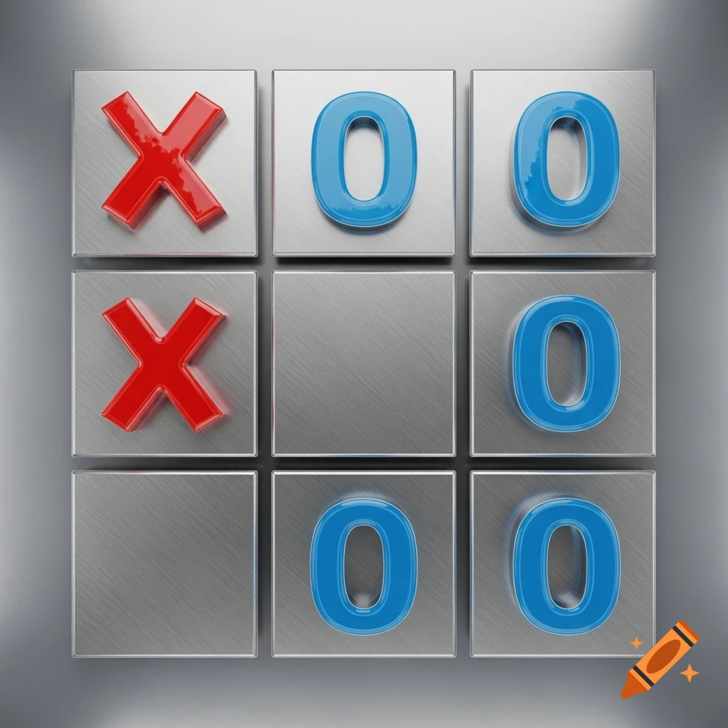 A 3x3 metallic Tic-Tac-Toe grid with red X's and blue O's.