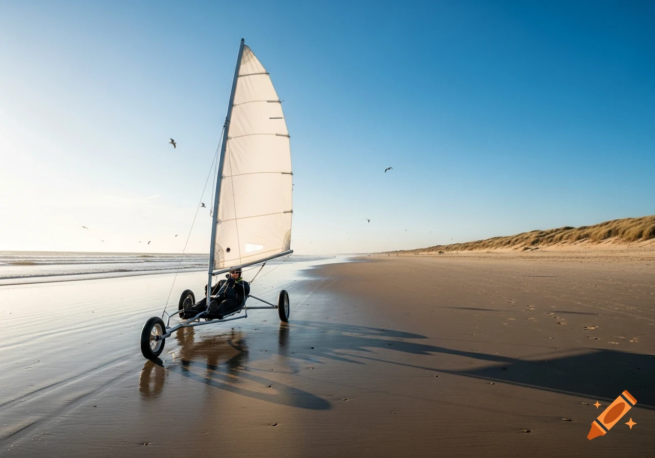 A person rides a land yacht on a sandy beach next to the ocean under a clear blue sky.