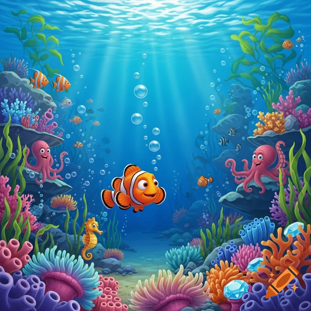 A vibrant cartoon underwater scene with a clownfish, octopuses, seahorse, and colorful coral reefs.