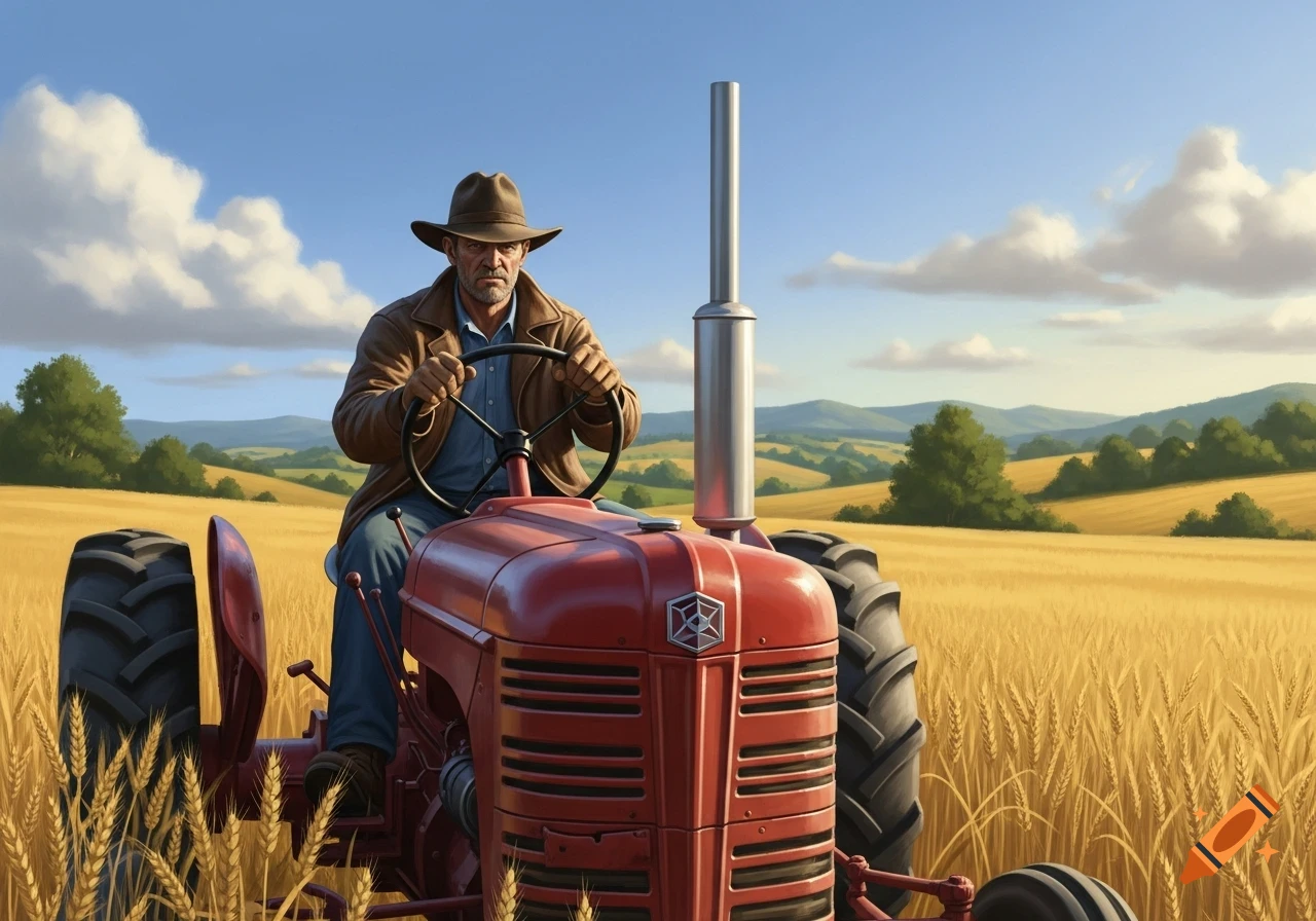 A man in a hat drives a red tractor through a golden wheat field under a blue sky.
