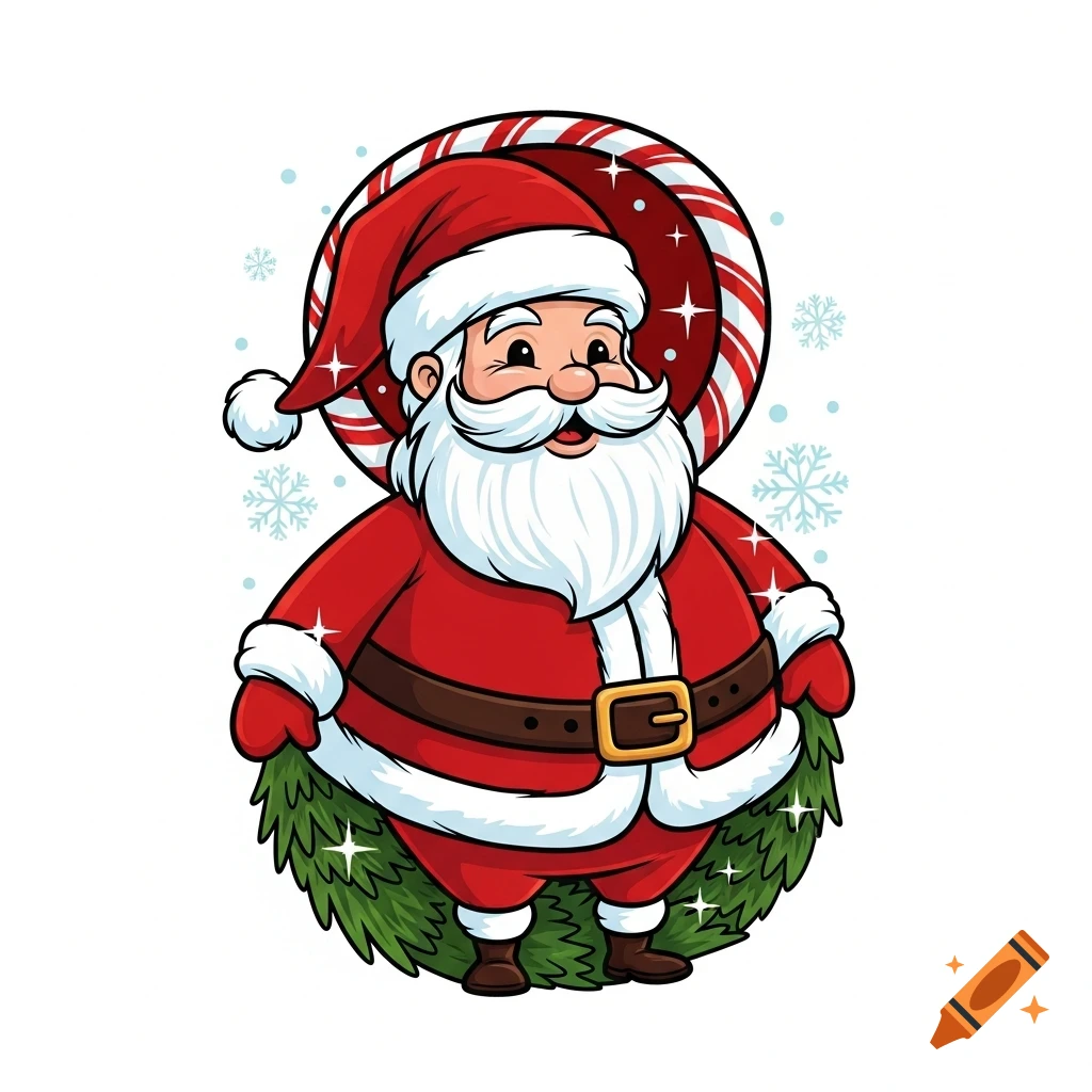 A cartoon Santa Claus in a red suit with a white beard, holding green boughs, with a candy cane and snowflakes in the background.