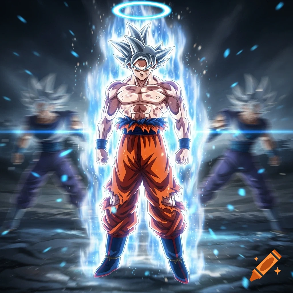 Ultra Instinct Goku with white hair, surrounded by a bright blue aura and halo, stands powerfully with blurred duplicates in the background.