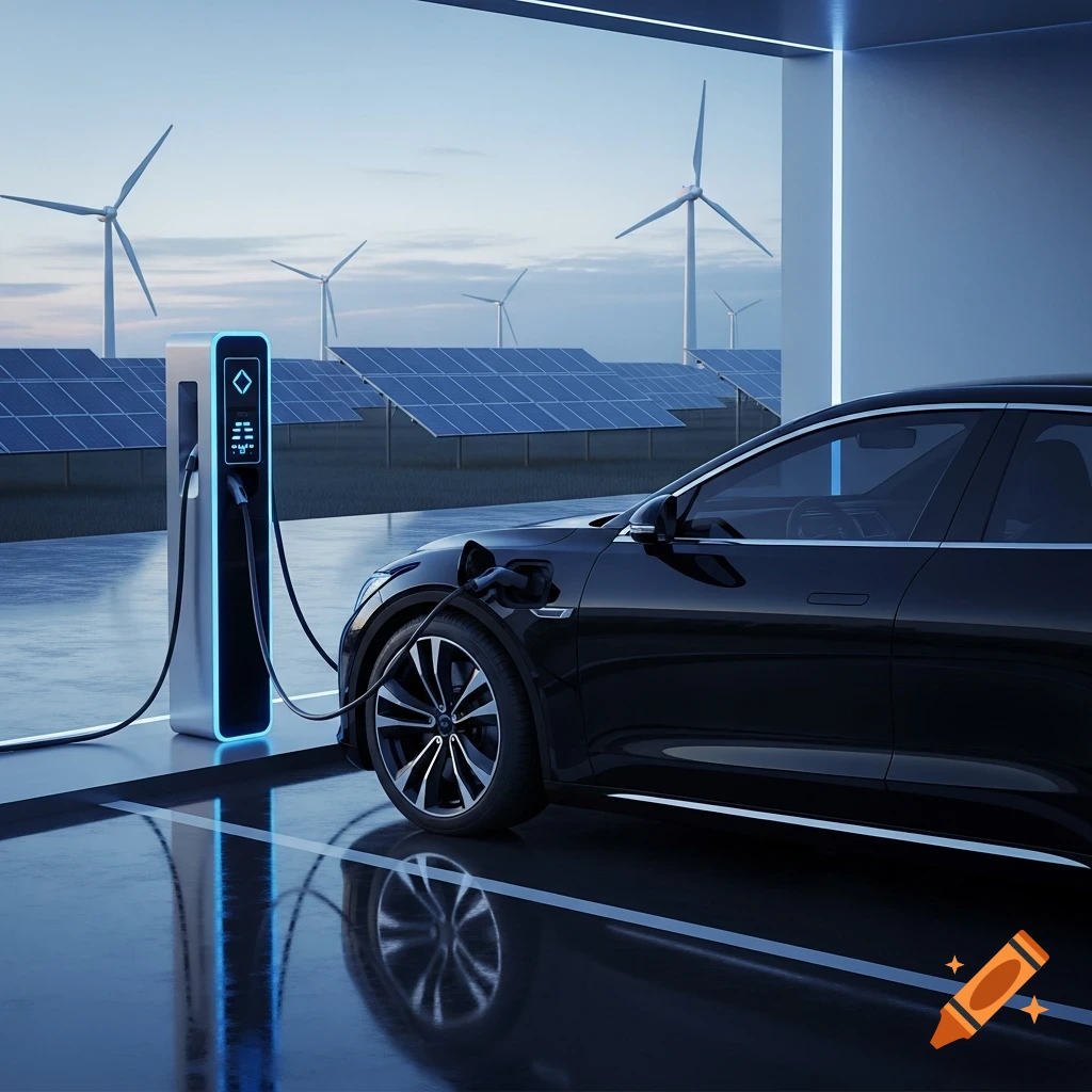 A dark electric car charging at a station, with solar panels and wind turbines in the background.