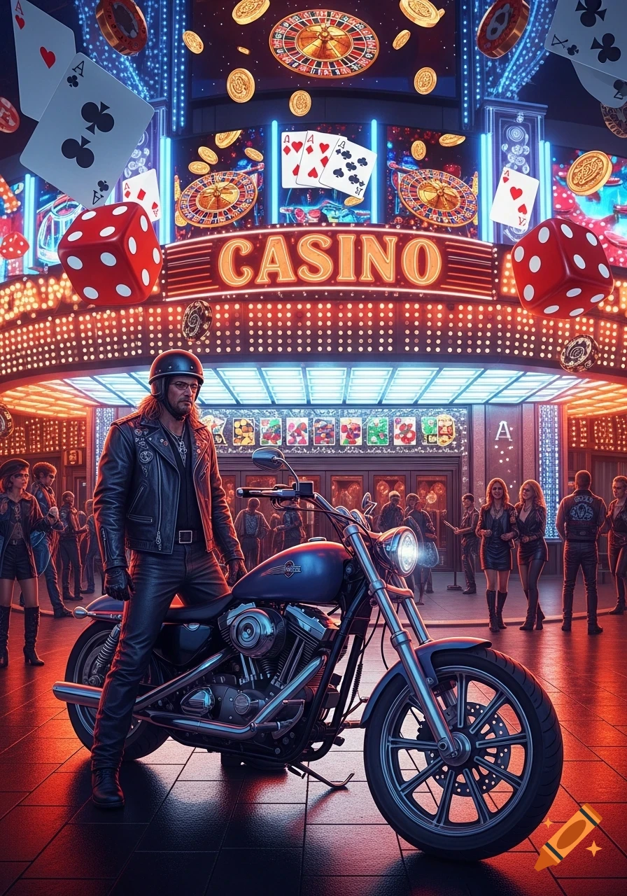 A man on a motorcycle stands in front of a brightly lit casino at night, with giant playing cards, dice, and coins floating above.