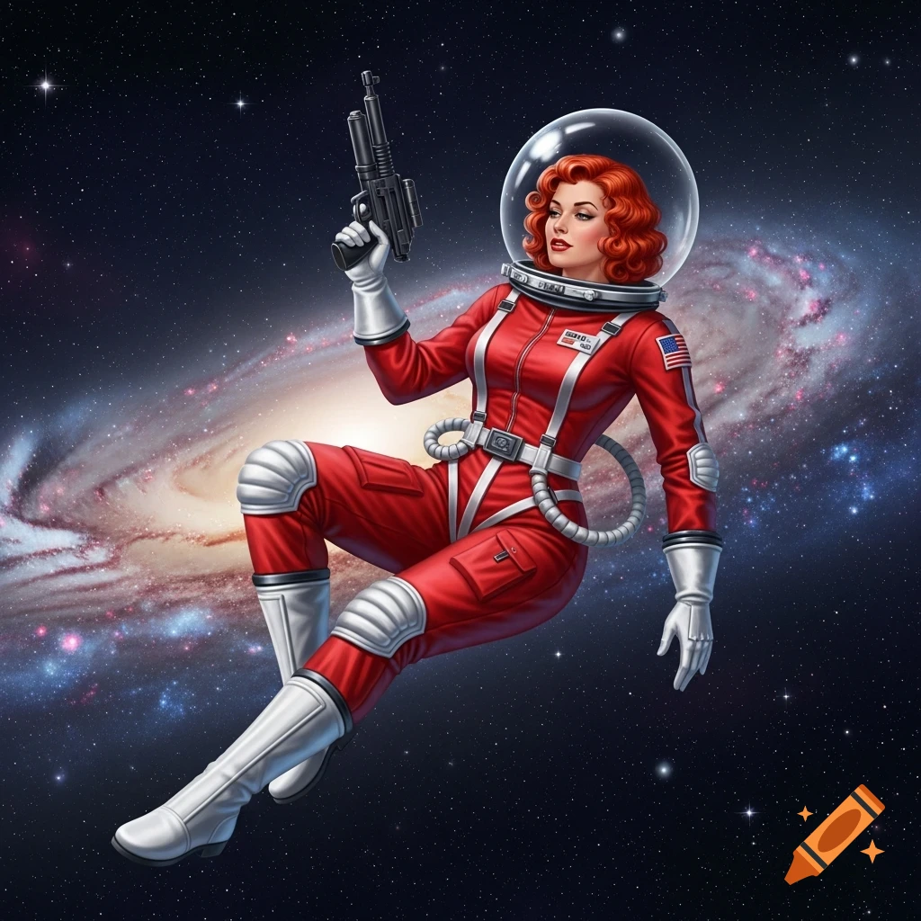 A retro-style astronaut woman in a red spacesuit floats in space, holding a sci-fi rifle with a galaxy background.