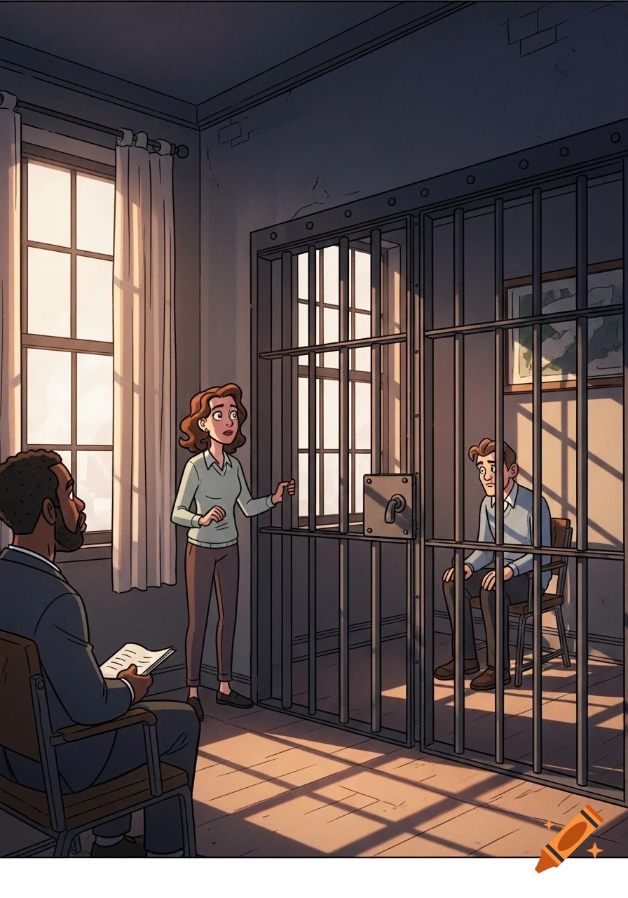 Cartoon of a woman speaking to a man in a jail cell, while another man sits nearby taking notes.