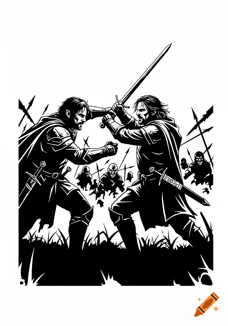 White on black stencil silhouette of two warriors fighting with swords in a battle scene with orc-like figures.