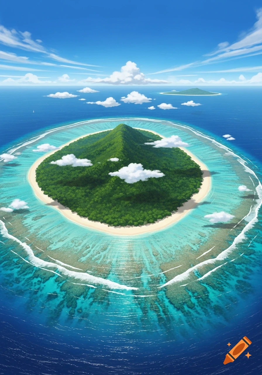 Aerial view of a lush green tropical island with a white sand beach, surrounded by turquoise coral reefs in a deep blue ocean, under a bright blue sky with white clouds, in an anime style.
