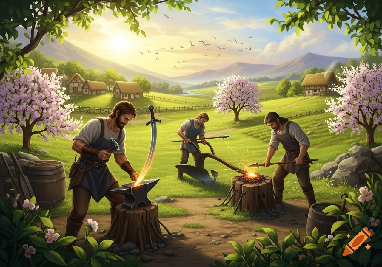 Three blacksmiths in a vibrant, peaceful fantasy landscape convert swords into plowshares and spears into pruning hooks.