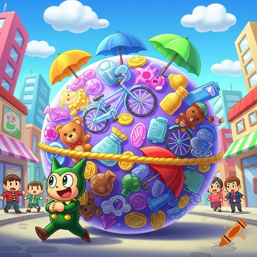 A green cartoon character runs down a vibrant city street, pushing a large purple katamari ball filled with colorful items like bikes, teddy bears, and coins, in a game art style.