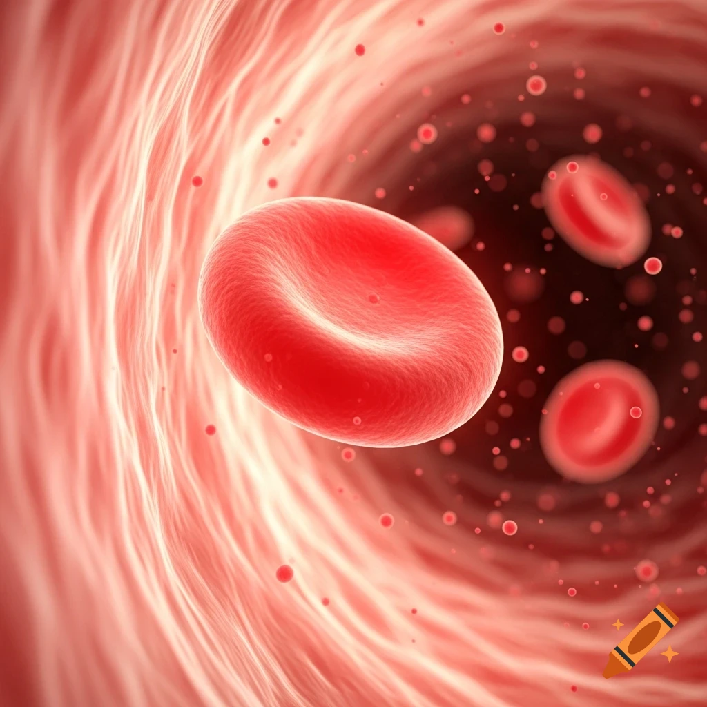 A detailed microscopic view of a red blood cell moving through a blood vessel, with other red blood cells in the background.