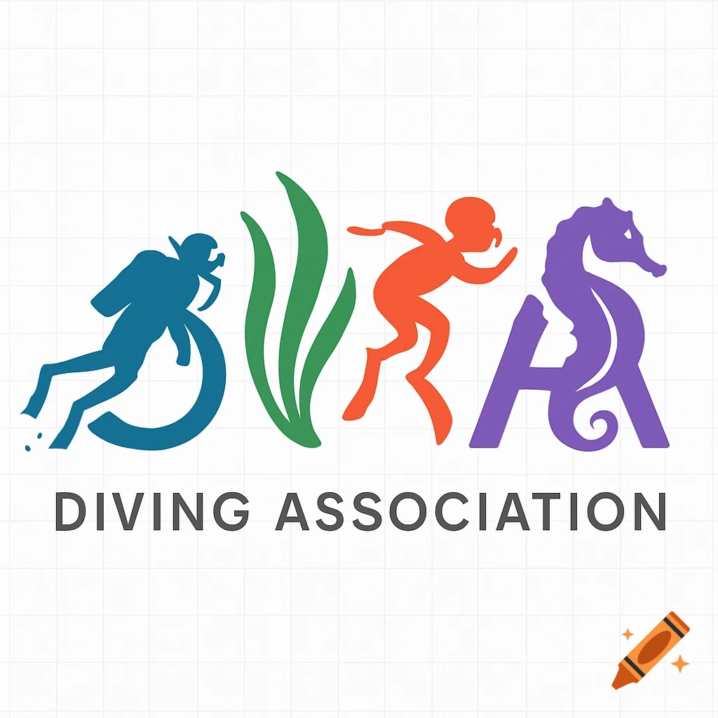 Stylized logo for a diving association, featuring a blue scuba diver, green seaweed, an orange child diver, and a purple seahorse, with 'DIVING ASSOCIATION' text below.