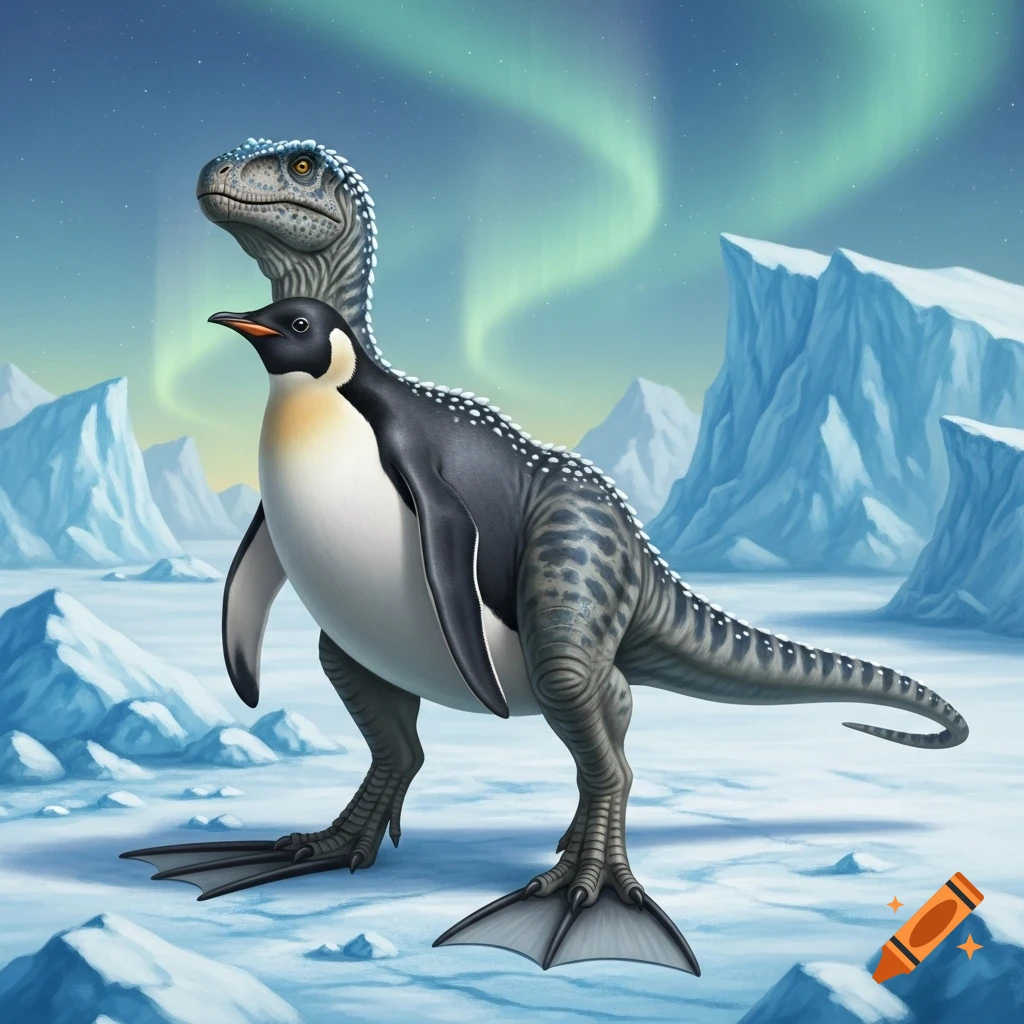 A majestic hybrid creature, half penguin and half dinosaur, stands on an icy landscape under a green aurora borealis.