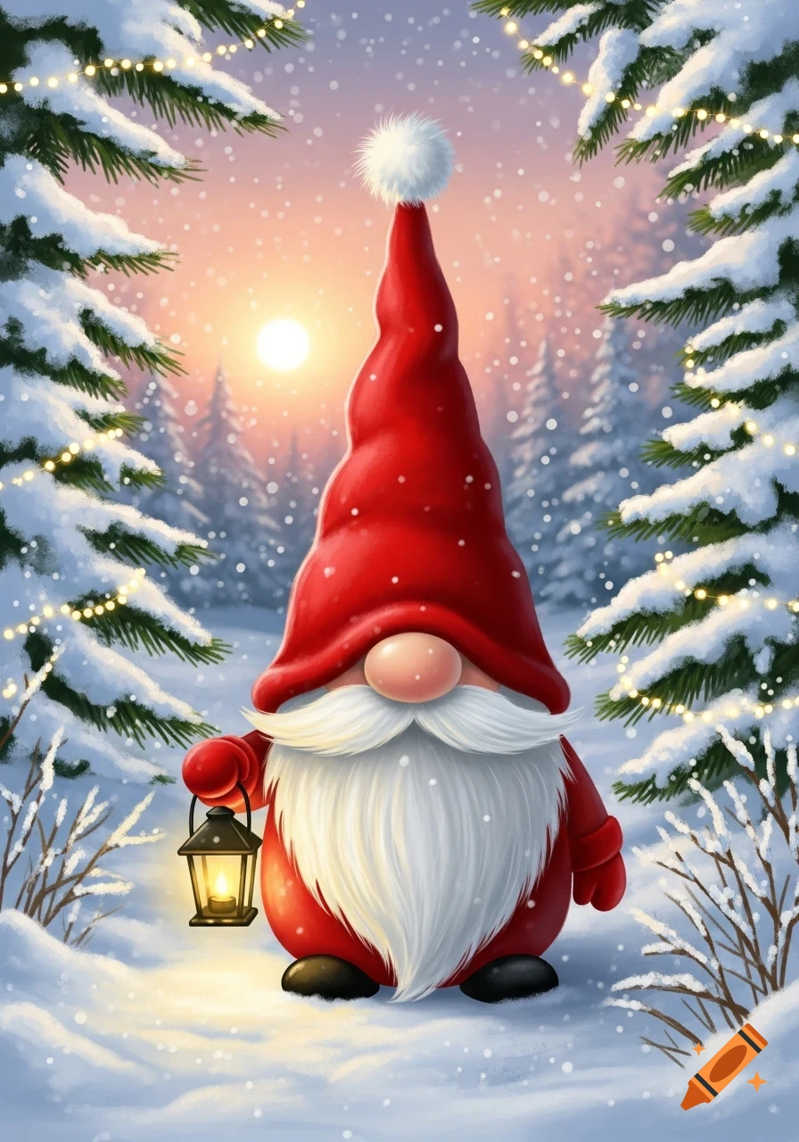 A cartoon red Christmas gnome with a white beard holds a lit lantern in a snowy forest with a glowing sunset.