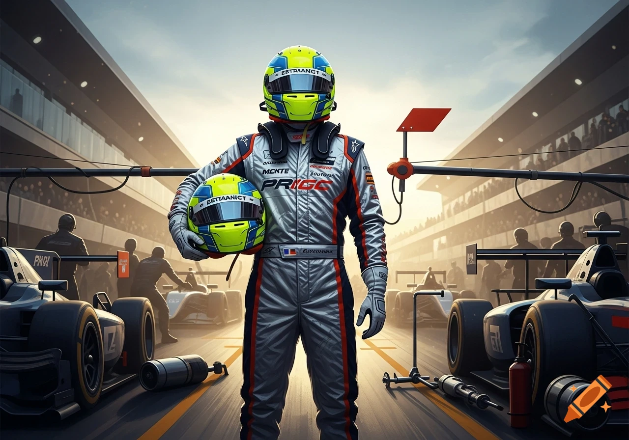 Photorealistic image of a race car driver in a silver suit, holding a neon yellow helmet, on a track with other cars and grandstands.