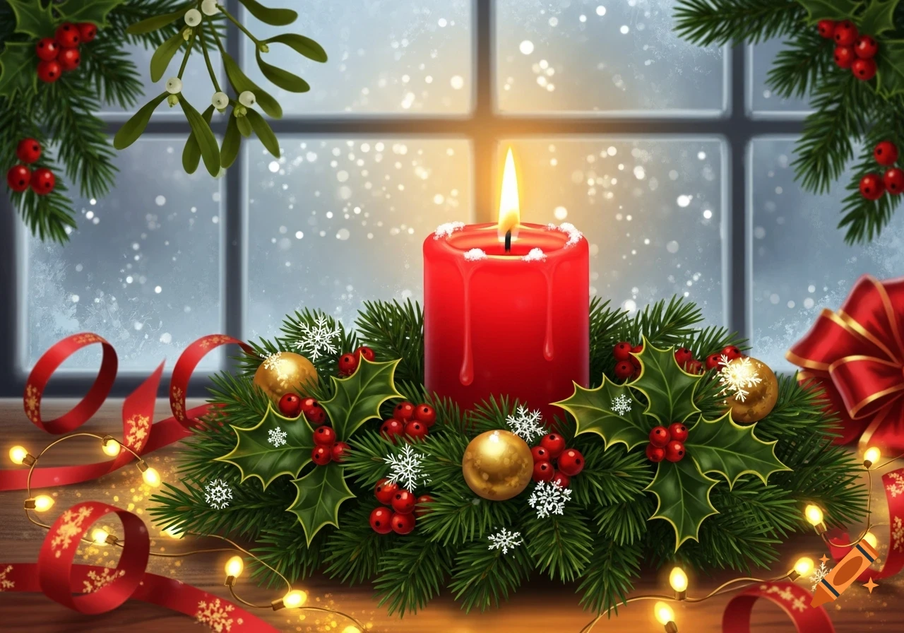 Festive close-up of a lit red Christmas candle surrounded by a wreath of holly, berries, mistletoe, gold ornaments, and string lights on a snowy window background.