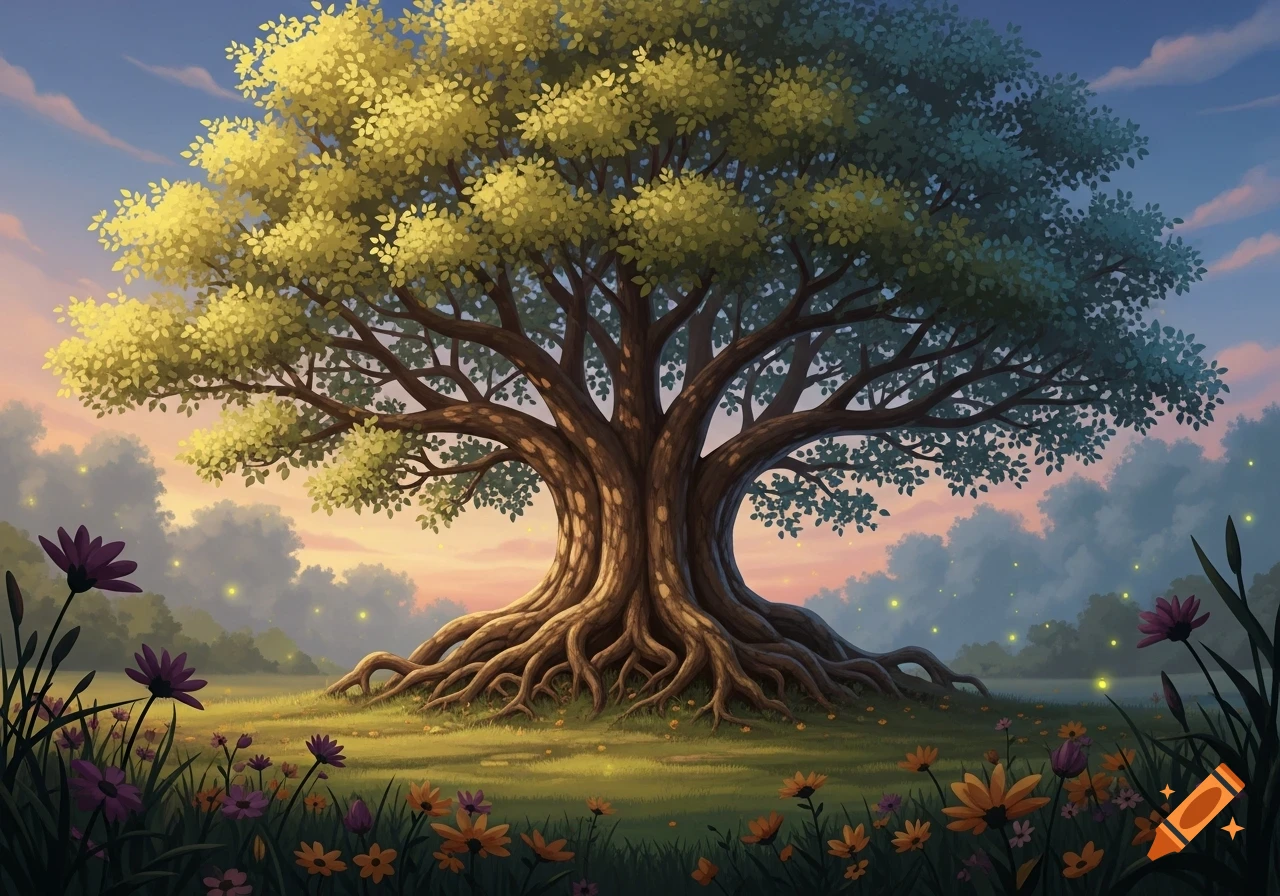 A vibrant illustration of a majestic, ancient tree with sprawling roots and lush green leaves in a field of colorful wildflowers under a twilight sky.