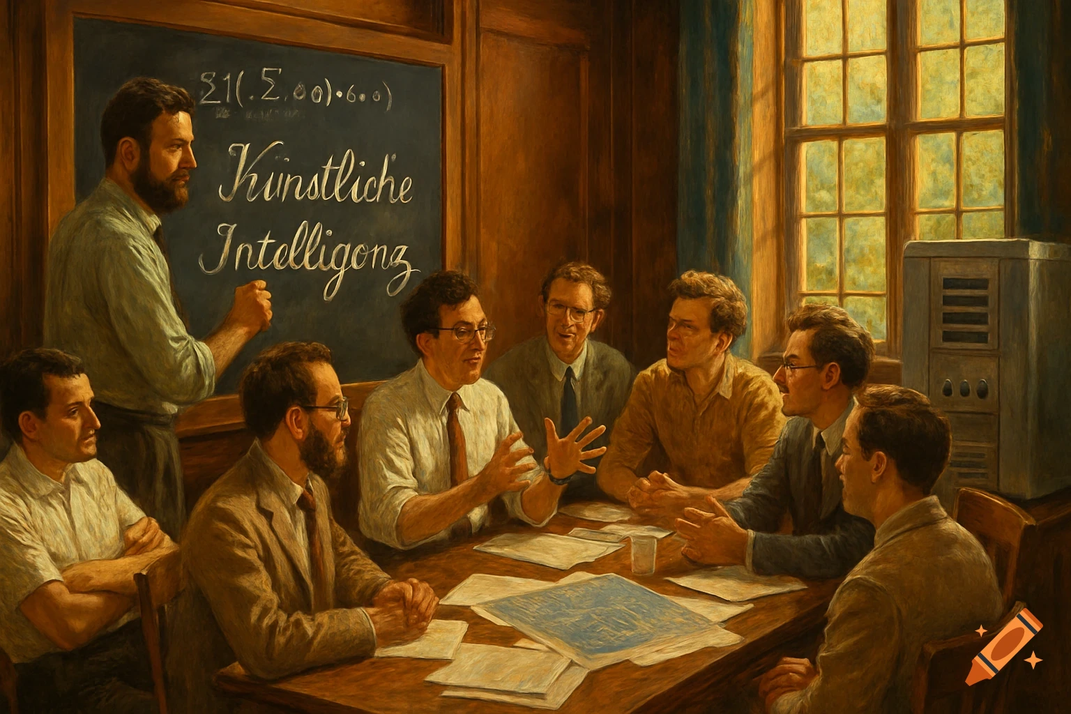 A painting depicts men in a historical meeting, gathered around a table with papers, one standing at a blackboard with text.