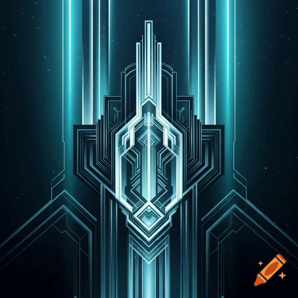 A vibrant, symmetrical Art Deco-inspired abstract design with glowing teal lines and geometric patterns against a dark, starry background.