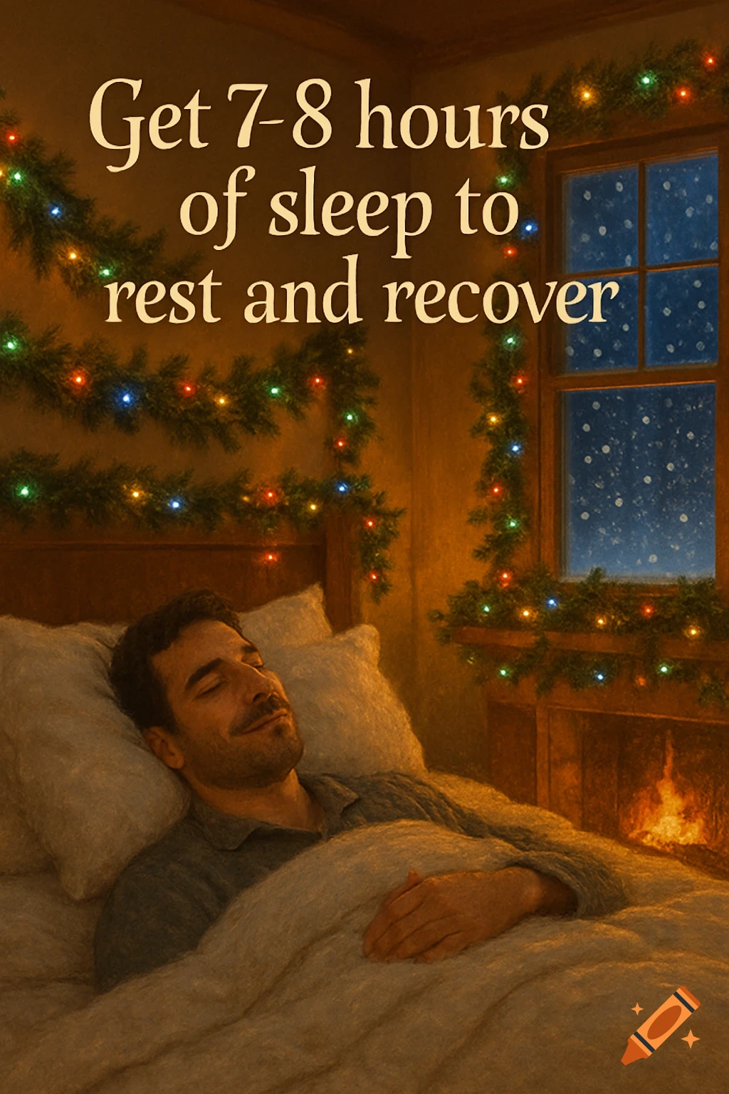 A man sleeps peacefully in a cozy, holiday-decorated bedroom with a fireplace and snowy window. Text reads 'Get 7-8 hours of sleep to rest and recover'.