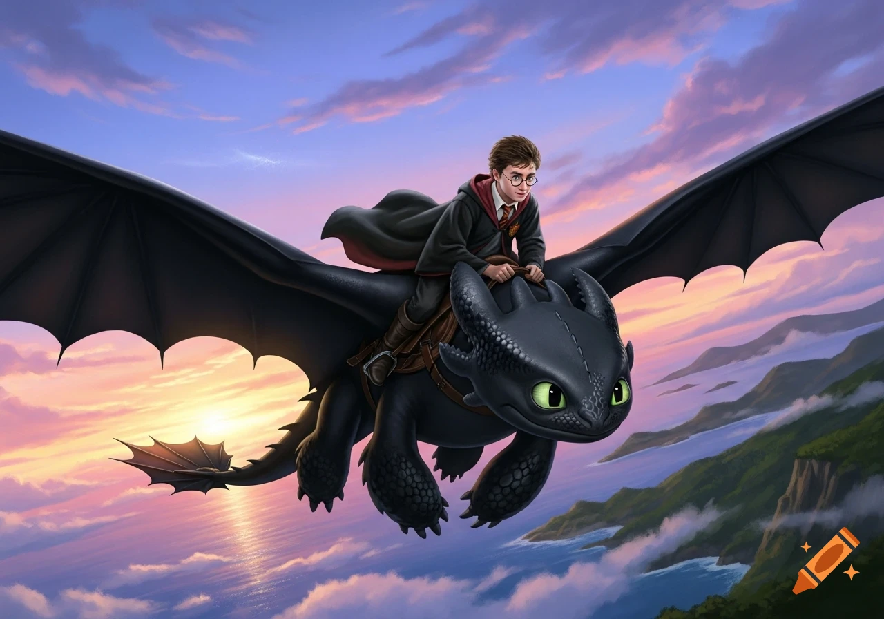 Harry Potter rides Toothless the dragon high above a vibrant sunset landscape of mountains and ocean, digital illustration.