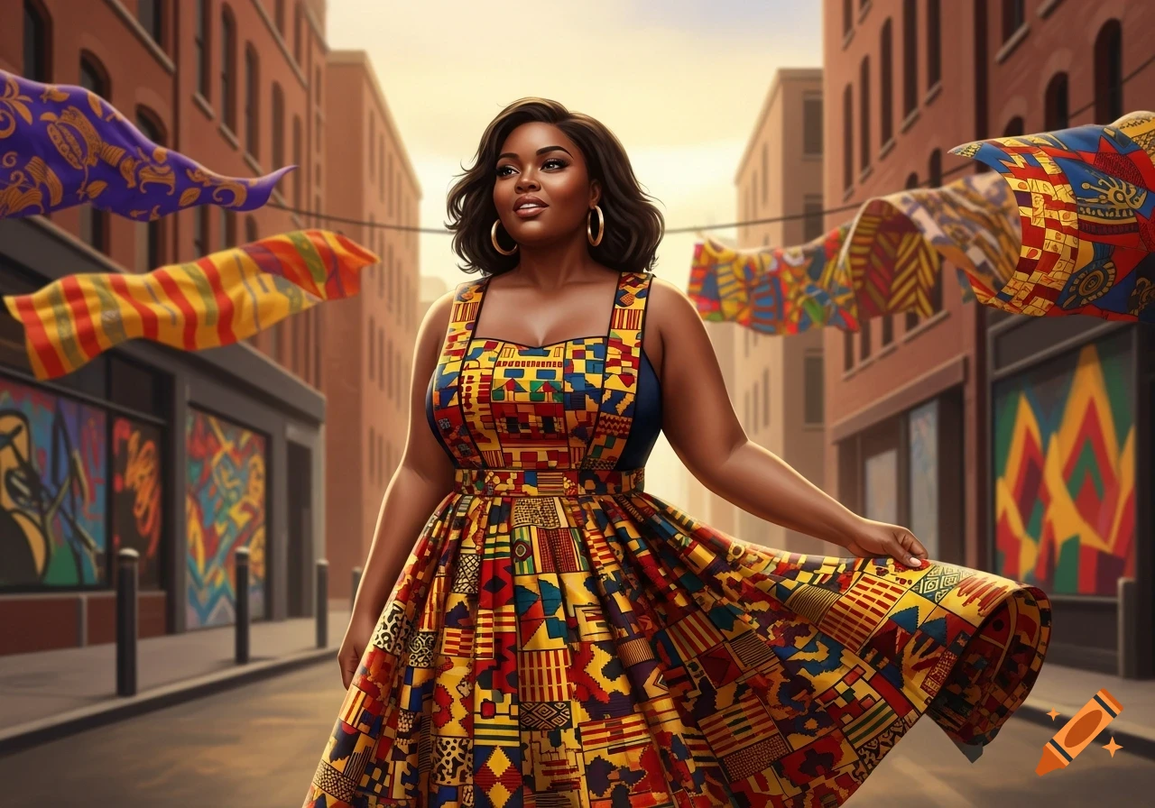 A smiling woman in a vibrant African print dress with suspenders stands on an urban street lined with draped patterned banners and brick buildings.