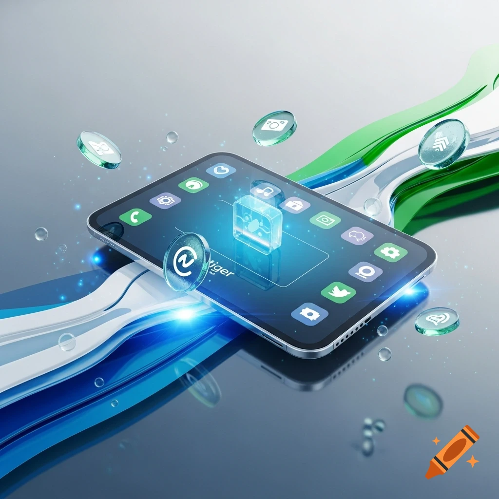 A sleek tablet with glowing app icons and abstract blue and green ribbons, reflecting on a polished surface, in a Frutiger Aero style.