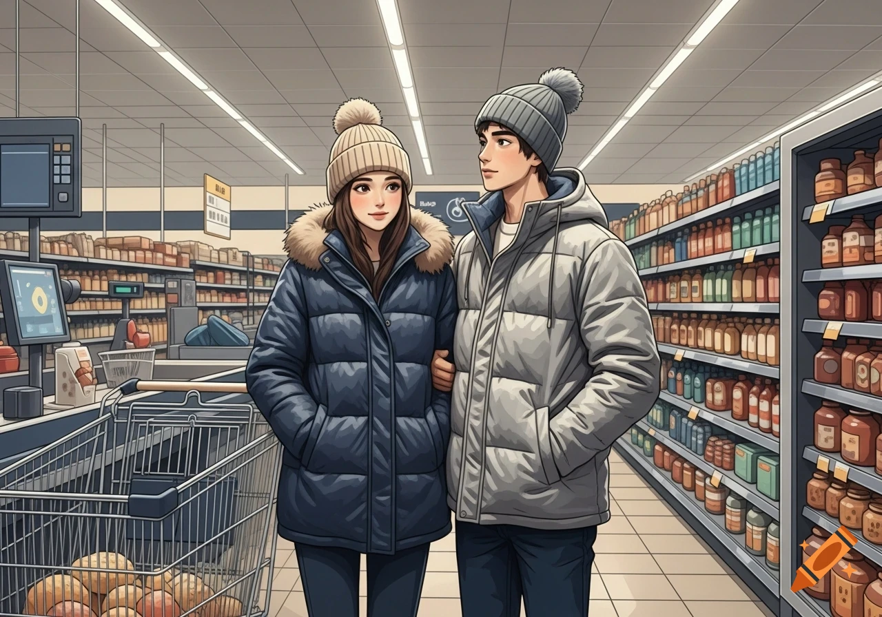 An illustrated young couple wearing winter coats and beanies stands in a supermarket checkout line with a shopping cart.