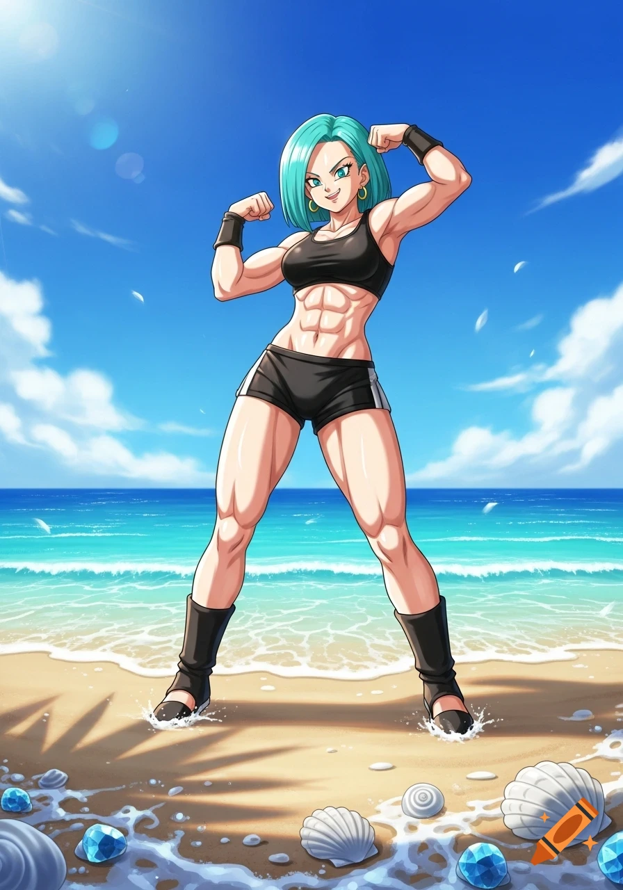Anime character Videl, muscular and strong, flexes on a sunny beach.
