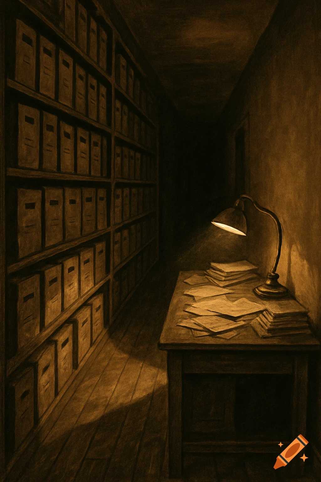 Moody illustration of a dark archive hallway. Shelves of old boxes and a lamp-lit desk with papers, 1940s detective noir style.