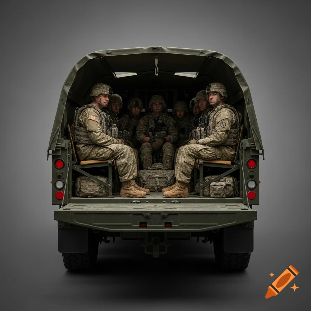 Photorealistic image of several National Guard troops in camouflage uniforms and helmets, seated inside the back of a green Medium Tactical Vehicle, seen from the rear, against a plain gray background.