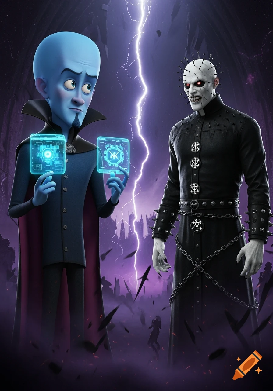Megamind looks confused while holding two glowing blue screens, standing next to Pinhead in a dark, stormy landscape with lightning.