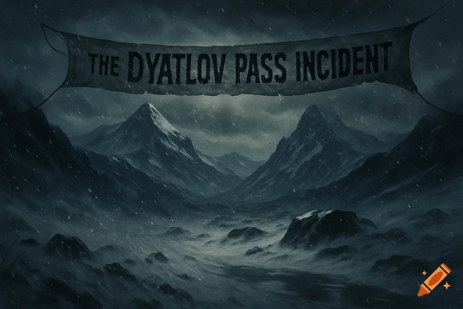 A dark, snowy mountainous landscape under a stormy sky, with a banner across the top that reads "THE DYATLOV PASS INCIDENT".