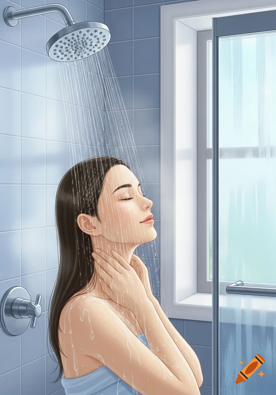 Illustrated woman showering, eyes closed, hands on her neck, wrapped in a light blue towel.
