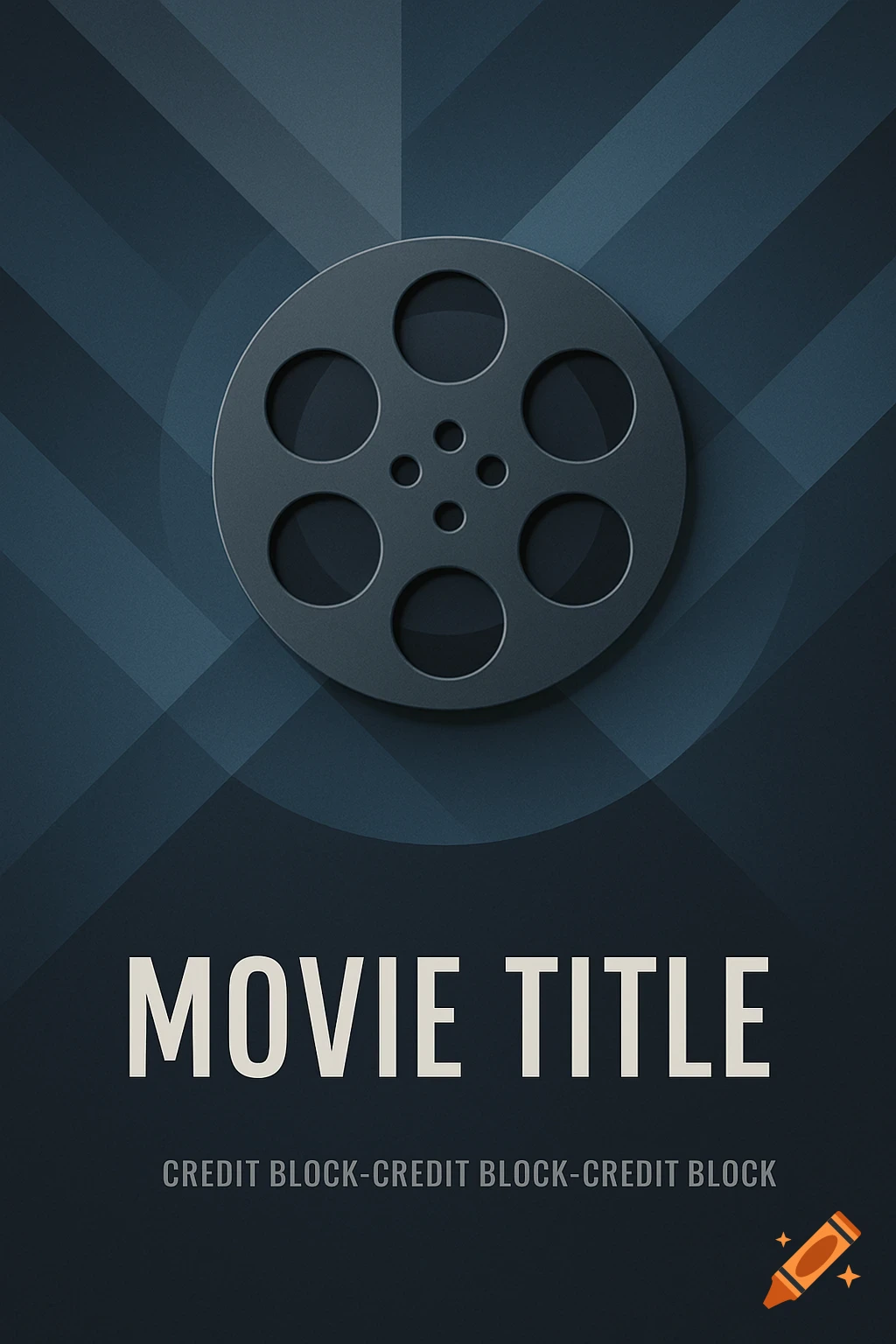 Minimalist dark blue movie poster with a film reel at the top and placeholder text 'MOVIE TITLE' and 'CREDIT BLOCK'.